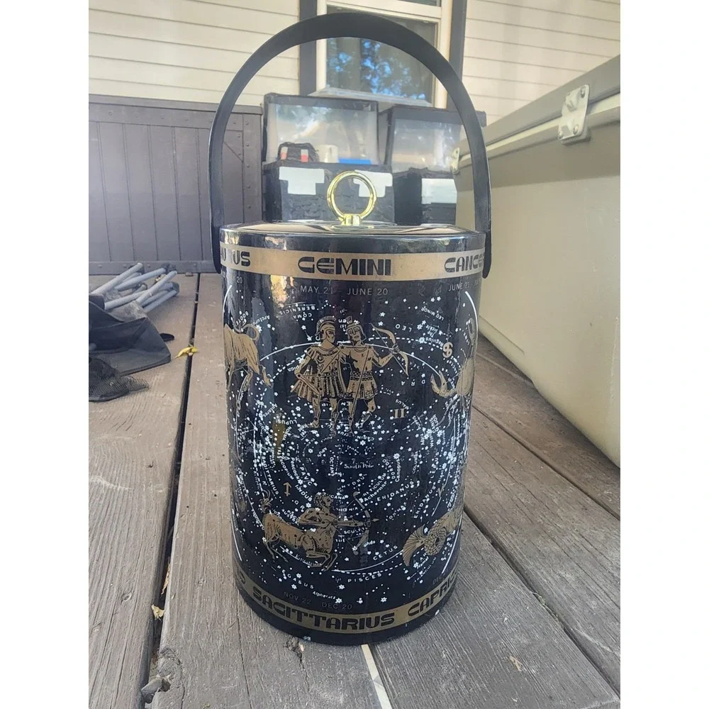 Vintage RARE Mid-century Black & Gold Celestial Horoscope Serving Ice Bucket HTF